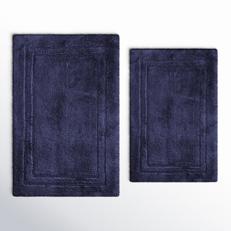 Sandcliff Cotton Non-Skid Machine Washable 2 Piece Bathroom Rug Set, Solid Navy Blue