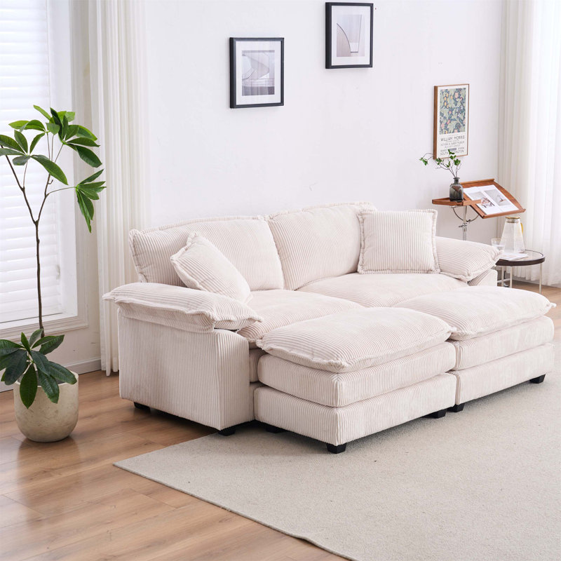 Canapé 2 places en velours côtelé avec dossier et coussins décoratifs, deux repose-pieds, assise profonde pour un confort ultime dans les salons, blanc