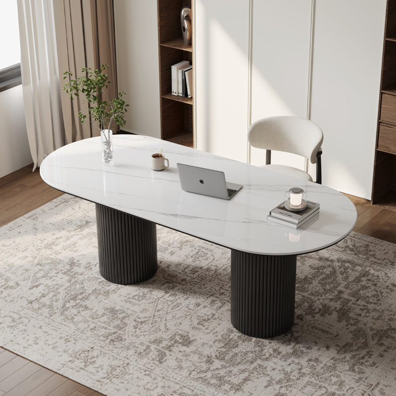 71" Modern Oval Writing Desk, Glossy Faux Marble Table Top, Double Wood Legs, White/Black