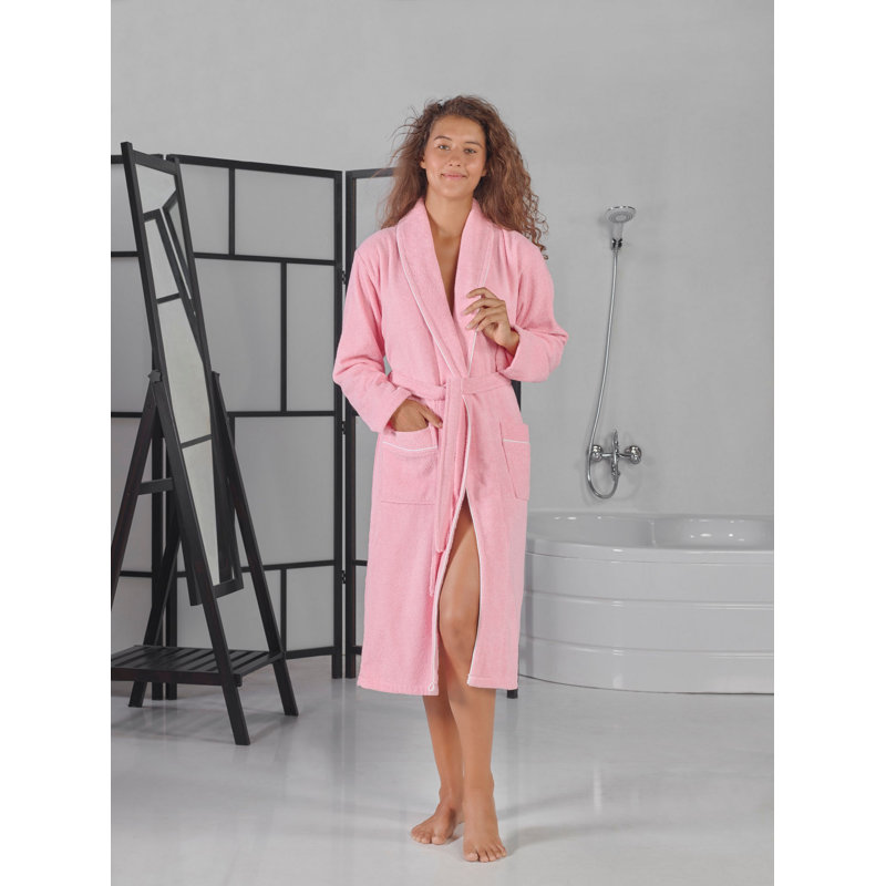 Peignoir 100% coton mi-mollet avec poches, P / M, Rose