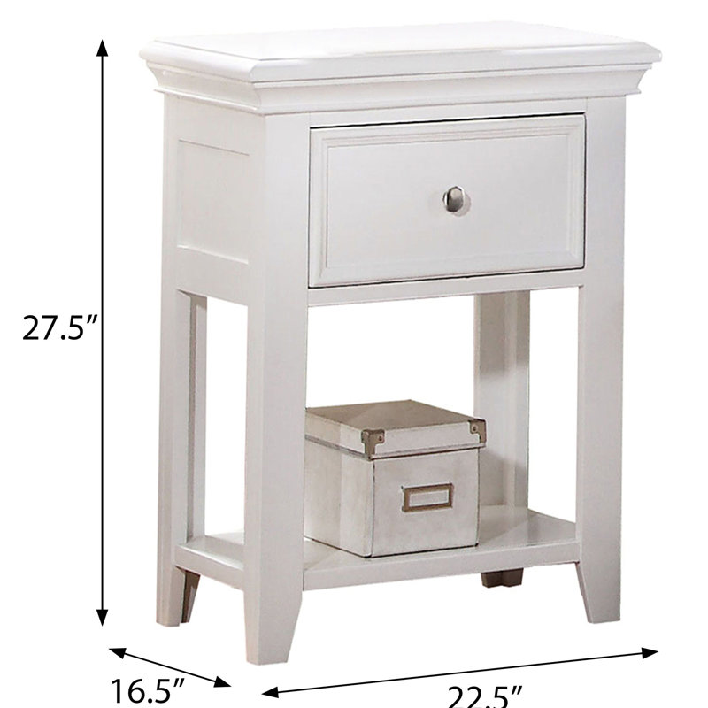 Table de chevet transitionnelle blanche avec tiroir et tablette inférieure pour chambre à coucher