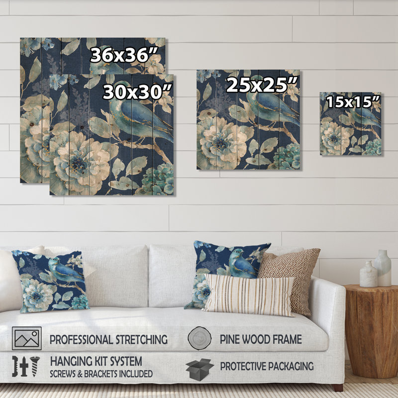 Indigold Bird Cottage Family III - Farmhouse Print on Natural Pine Wood, 30" H x 30" W x 1" D