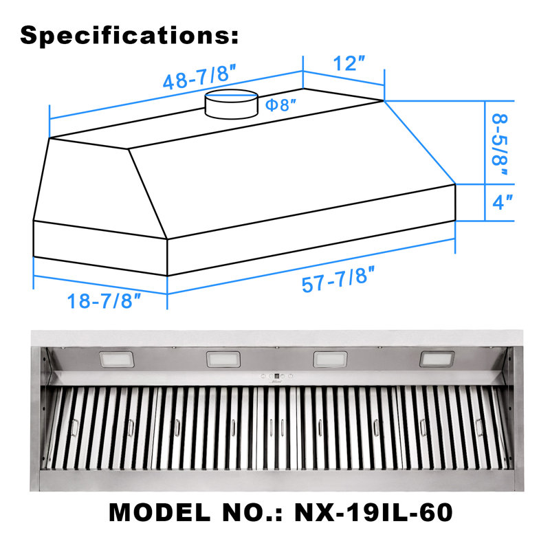 60" 1200 Insert Range Hood Baffle Filter Light Kitchen Hood Vents Included Stainless Steel