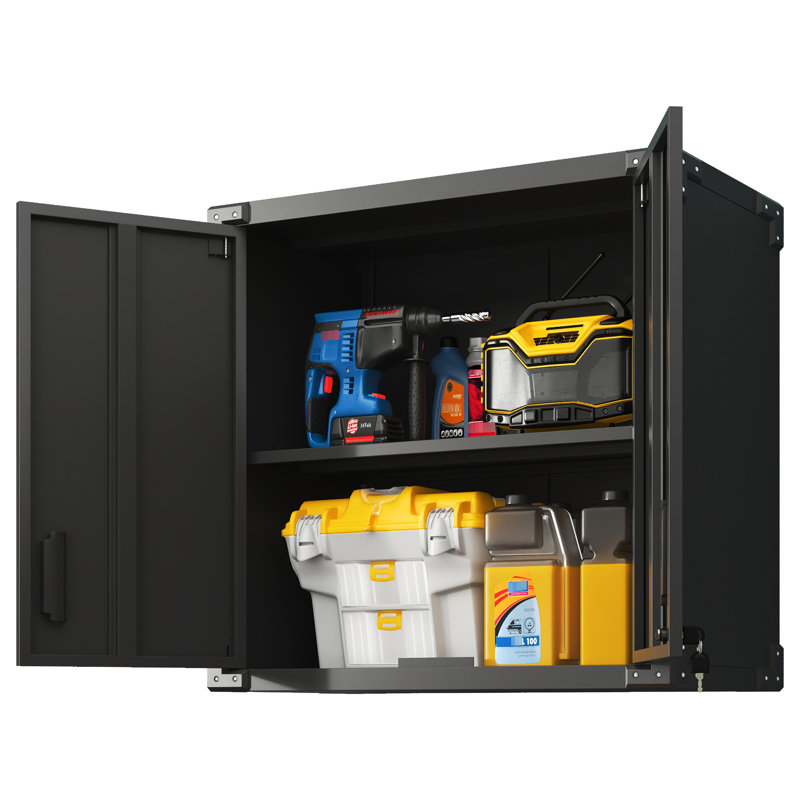 Armoire murale en métal pour le rangement des outils. 2 portes verrouillables, 1 tablette réglable, tiroir ouvert. Construction de garage. , Peu encombrant, style moderne