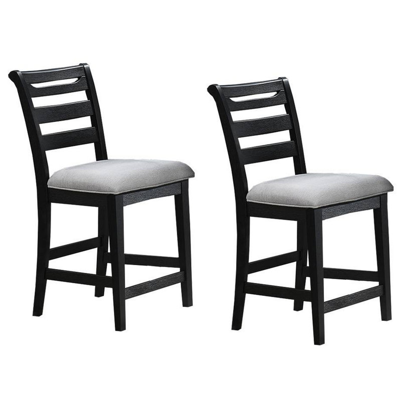 Ensemble de 2 chaises à hauteur de comptoir Remus, dossier en échelle, bois gaufré noir, tissu gris