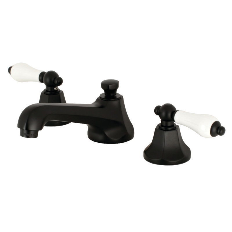 Kingston Brass Metropolitan Two-Handle 3-Hole Deck Mount Widespread Bathroom Faucet with Brass Pop-Up Drain, Matte Black