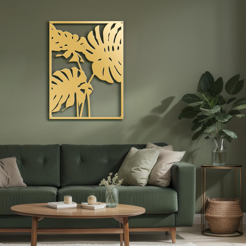 Three Tropical Monsteras Leaf Minimalist Modern Abstract Accent Sculpture, Or, H 36 po x l 26,87 po x P 0,05 po
