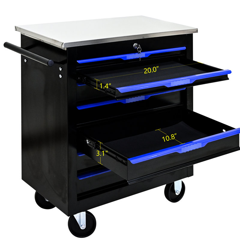 7 Movable Garage Workbench Cart - Black Blue, Construction, Key Lockable Compartments, Stainless Steel Countertops, 2 Brake Workshop Drawers, Included