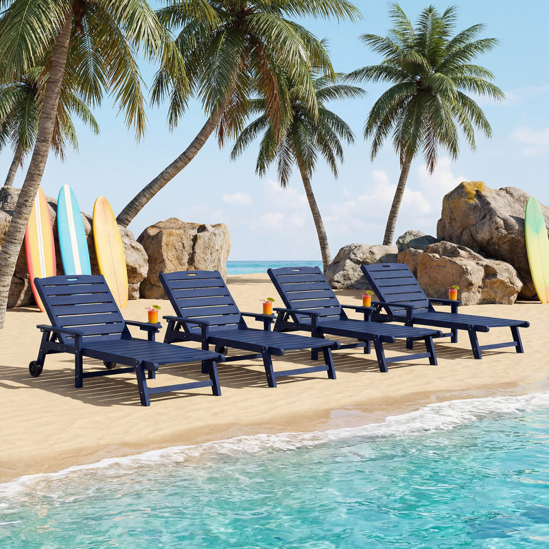 Outdoor Lounge Chair Set of 4 with 5-Position Adjustable, Pool Lounge Chair with Portable Wheels, Cup Holder, HDPE Tanning Chair for Outside, Poolside, Patio