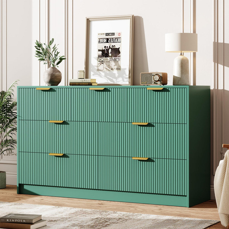Commode à 7 tiroirs de 54 po de largeur avec design cannelé et poignées dorées - chambre à coucher, salon, vestibule, Green
