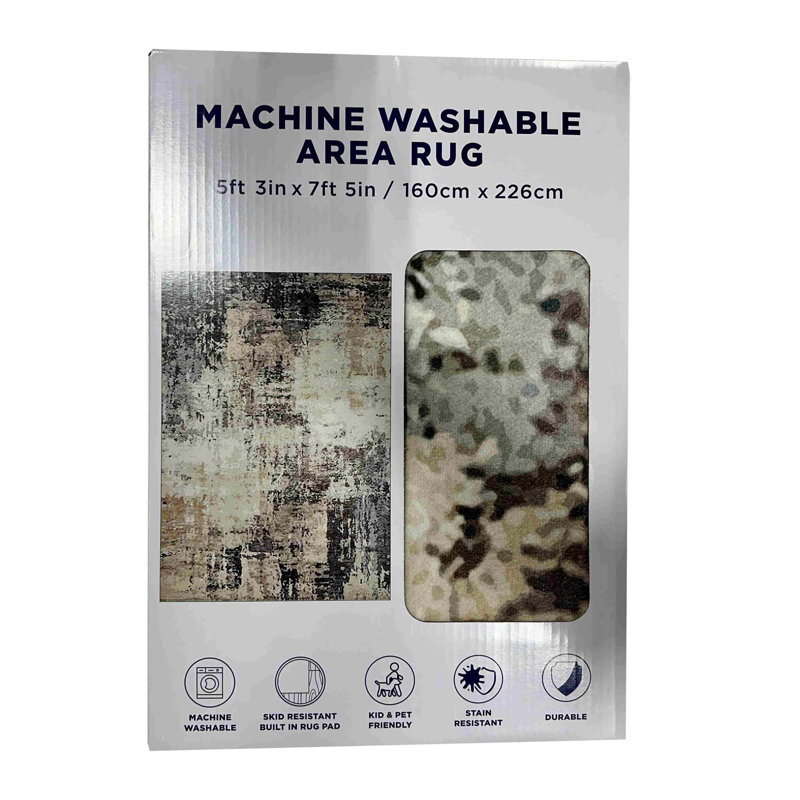 Habib is a soft printed rug, size 5.3x7.5 feet, machine washable, non-slip backing, packaged in a box.