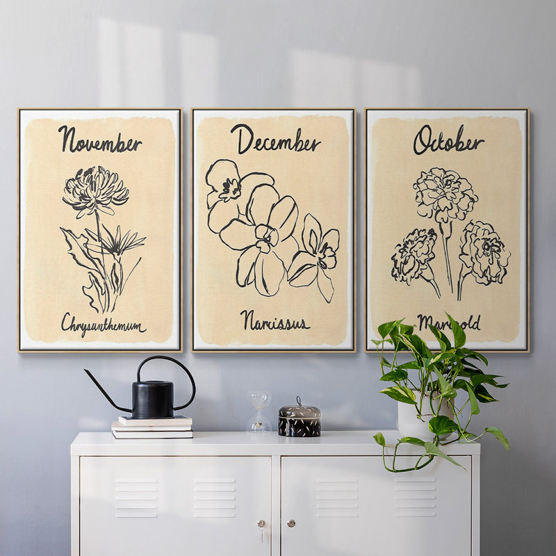 Mois de naissance X 3 pièces, H 24 po x l 48 po x P 2 po, Naturel