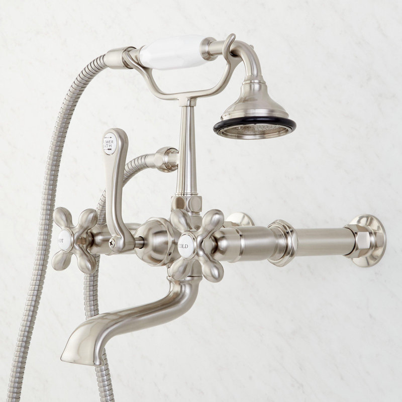 Robinet de baignoire mural style téléphone avec poignées en croix, Nickel brossé
