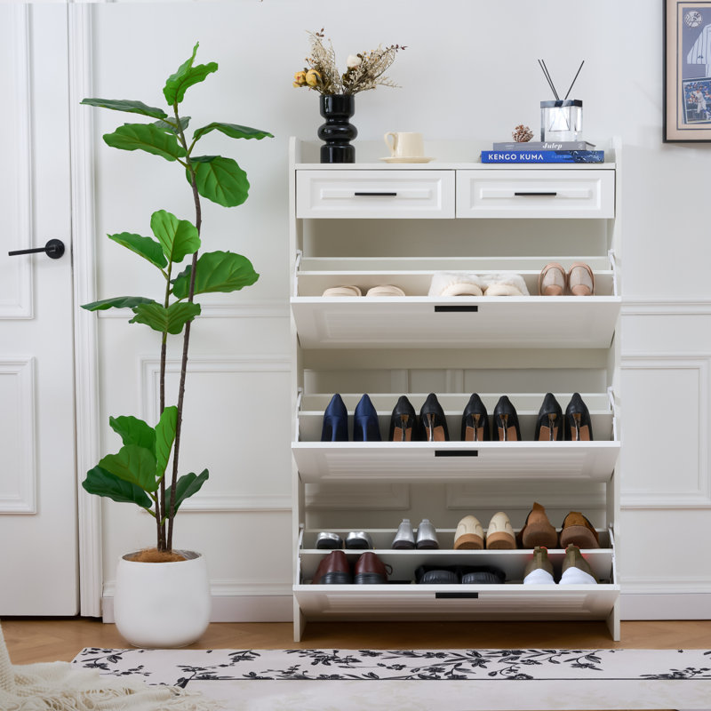 Shoe Cabinet With 3 Hidden Flip Drawers & 2 Storage Drawer,Particle Board Narrow Shoe Storage Cabinet,Freestanding Shoe Organizer Cabinet For Entryway Hallway(White)