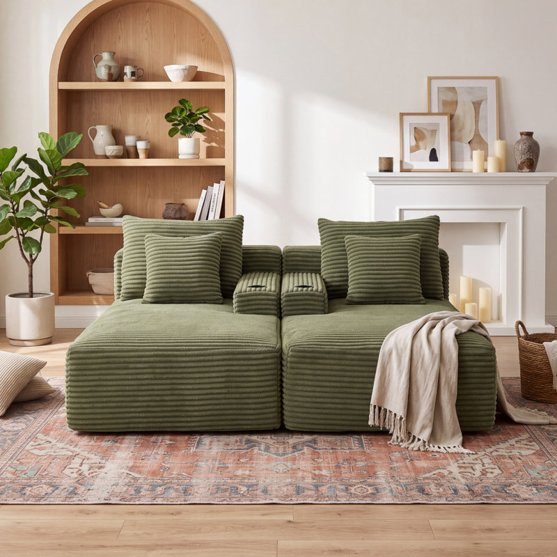 Canapé modulaire modulaire en velours côtelé avec assise profonde, porte-gobelets et poches de rangement latérales, sans assemblage