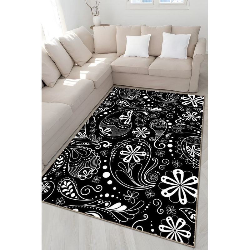 Tapis décoratif moderne à motif abstrait noir, Sous-tapis carré 3 pi 3 po inclus