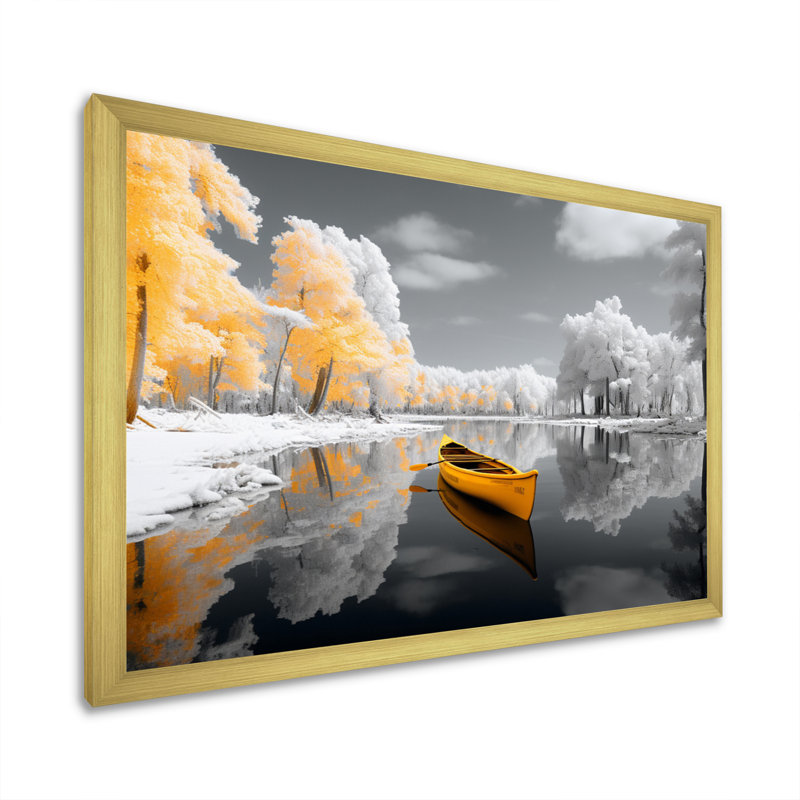 Jaune et gris Winter Lake I sur impression sur toile, H 12 po x l 20 po x P 1 po, Cadre doré à une seule photo
