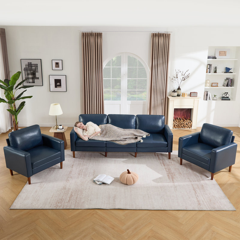 Ensemble de salon avec canapé 91,73 po et 2 fauteuils, Similicuir bleu royal