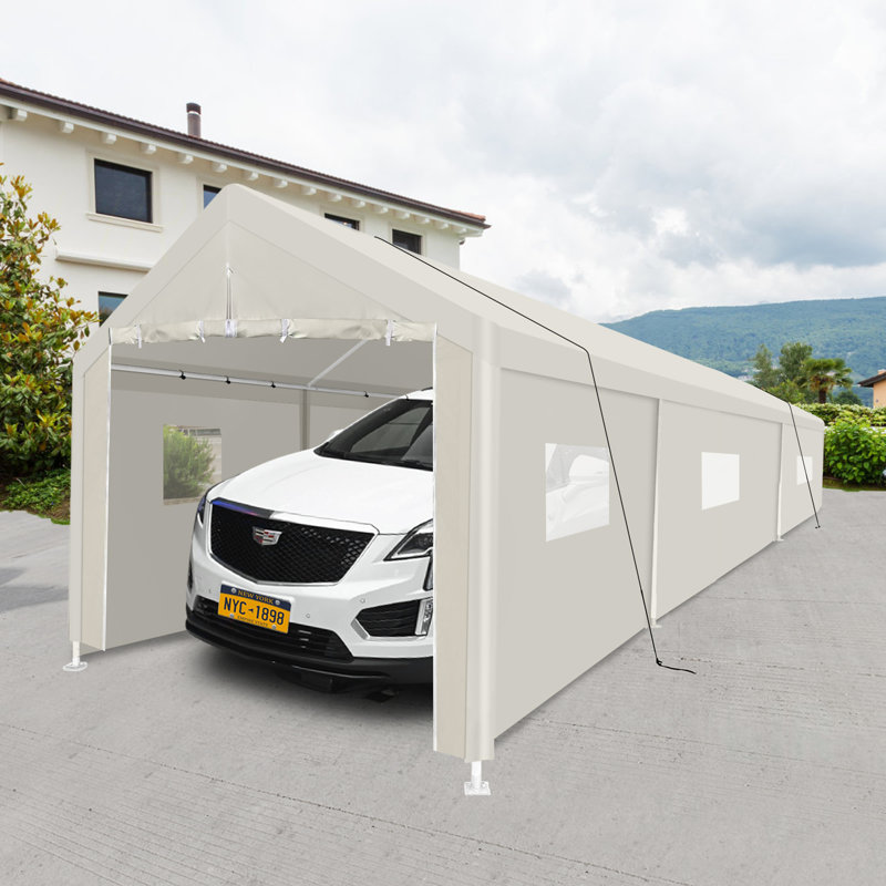 Abri d'auto, tente de garage portative 10 x 30 pour abri de rangement extérieur blanc avec fenêtre