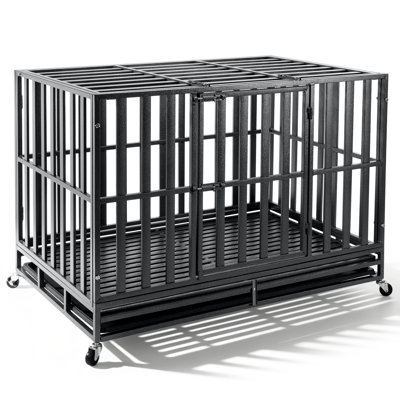 Cage pour chien robuste de 48 pouces pour grands chiens anxieux, plaque de base 2026 Ultimate Escape, chenil en acier pour chien / capacité de charge maximale de 300 lb / porte double avec roues