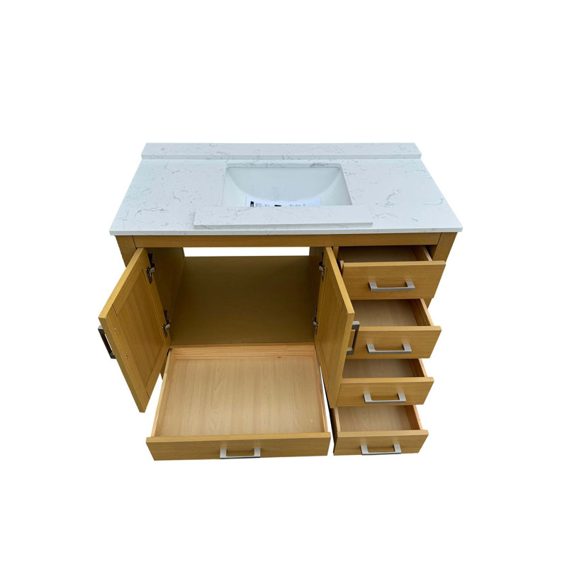 Meuble-lavabo de salle de bain avec comptoirs en Carrare et mécanismes de fermeture en douceur