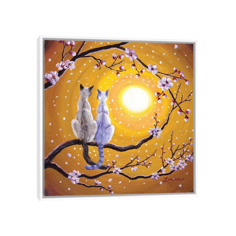 «Siamese Cats Nestled In Golden Sakura», reproduction sur toile tendue, H 12 po x l 12 po x P 1,5 po, Toile avec cadre noir