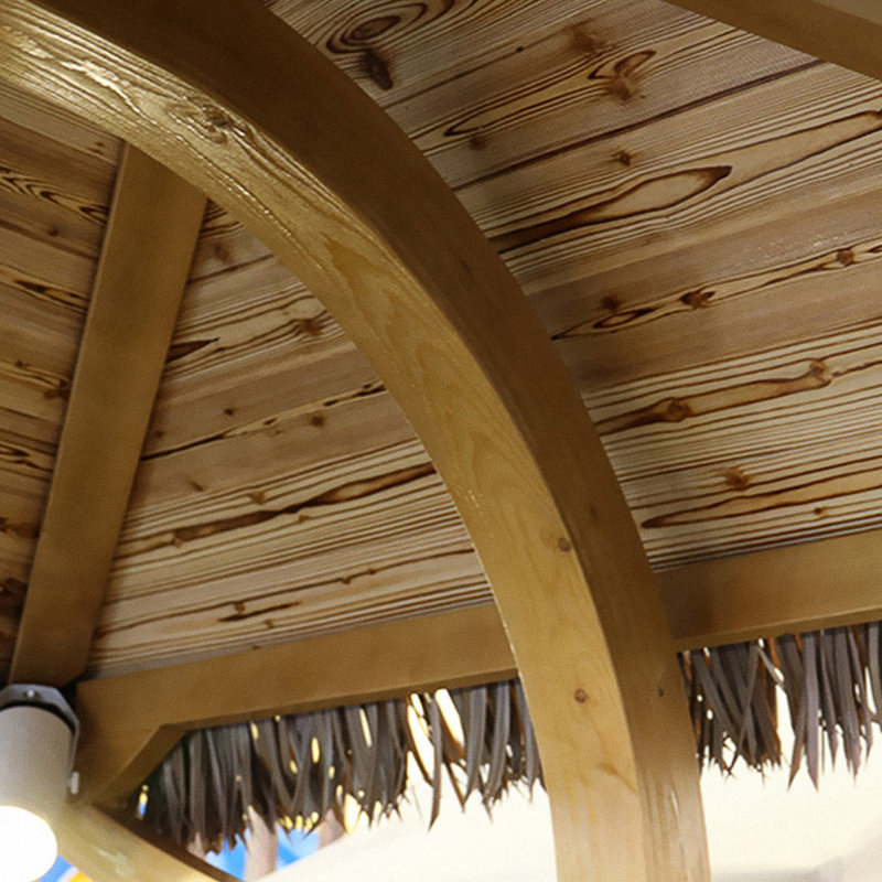 84'x68' Solid Wood Spruce Independent Swing Chair Set with PE Grass Roof and Drawstring Hanging Basket and Cushion, 880lb Capacity