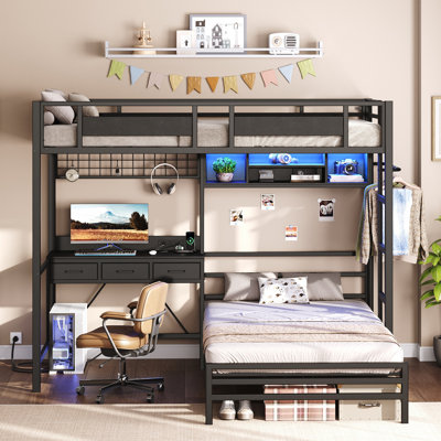 Ozion Industrial Twin Over Twin Bunk Bed with Desk, Charging Station and LED Lights