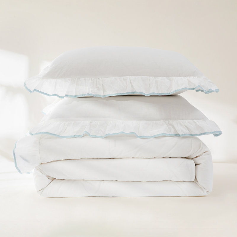 Reyna Contrast Edge Cotton Duvet Cover Set, Blue, Queen Duvet Cover + 2 Standard Shams