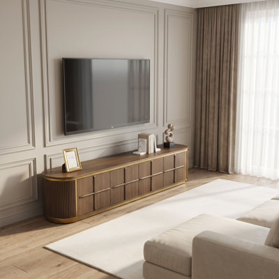 Meuble télé en chêne noir de 198 cm (78 po) entièrement assemblé, avec rangement et base cannelée dorée