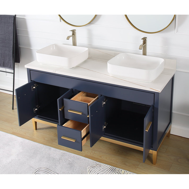 Ensemble de meuble-lavabo double 60 po Hildy, Bleu marine, Blanc