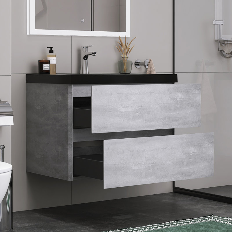 Meuble-lavabo mural moderne avec cuve en quartz noir, 30 in.