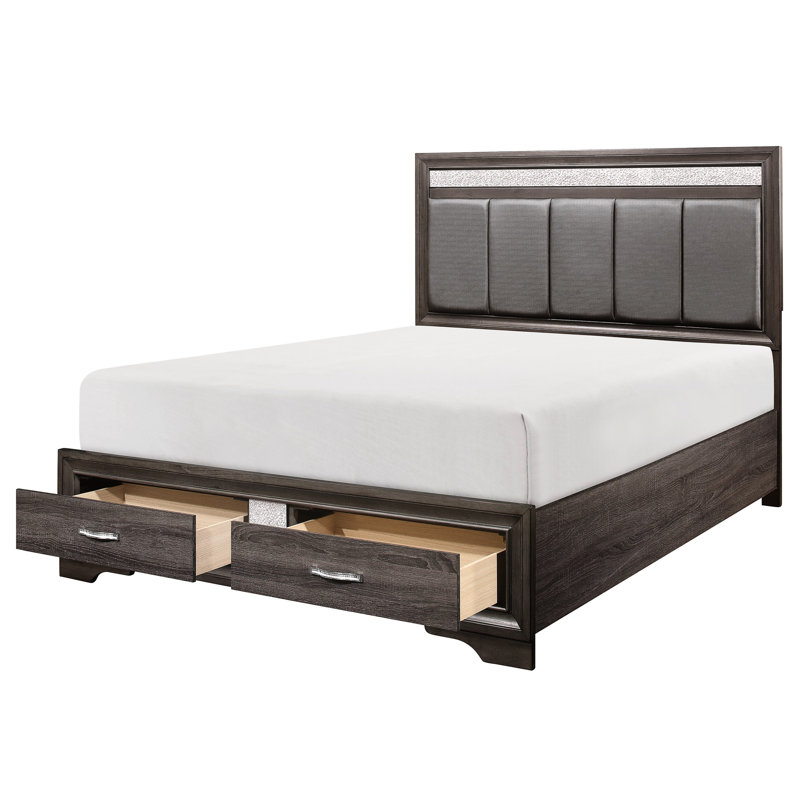 Contemporary Queen Platform Bed With Gray Upholstery, Silver Glitter Trim And Bedroom Storage Decor, Upholstered Headboard Drawers