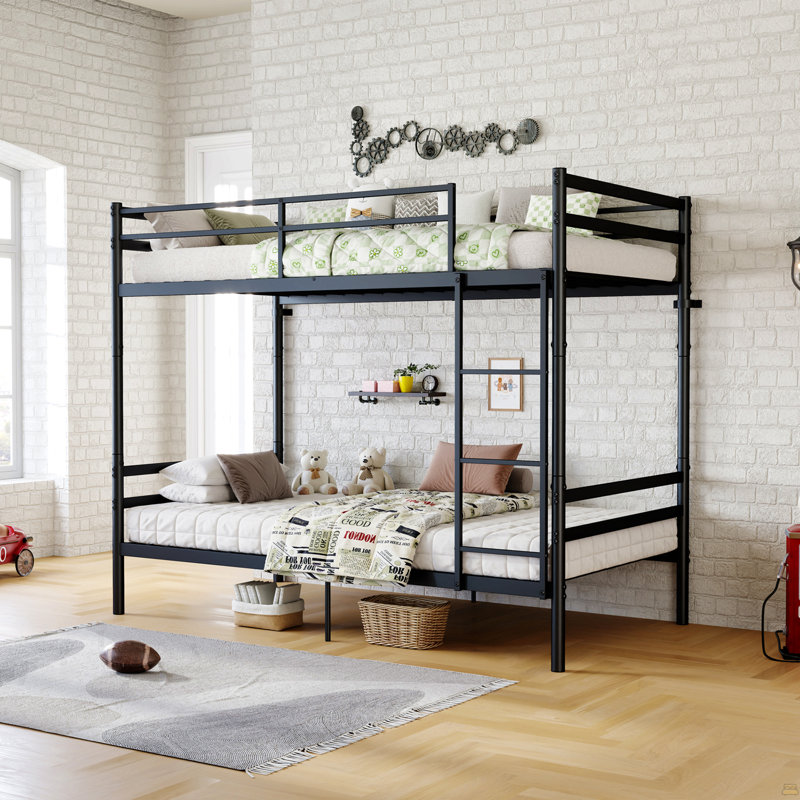 Lit superposé avec échelle et lit superposé en métal à garde-corps haut, espace de rangement, silencieux, taille simple sur simple, noir