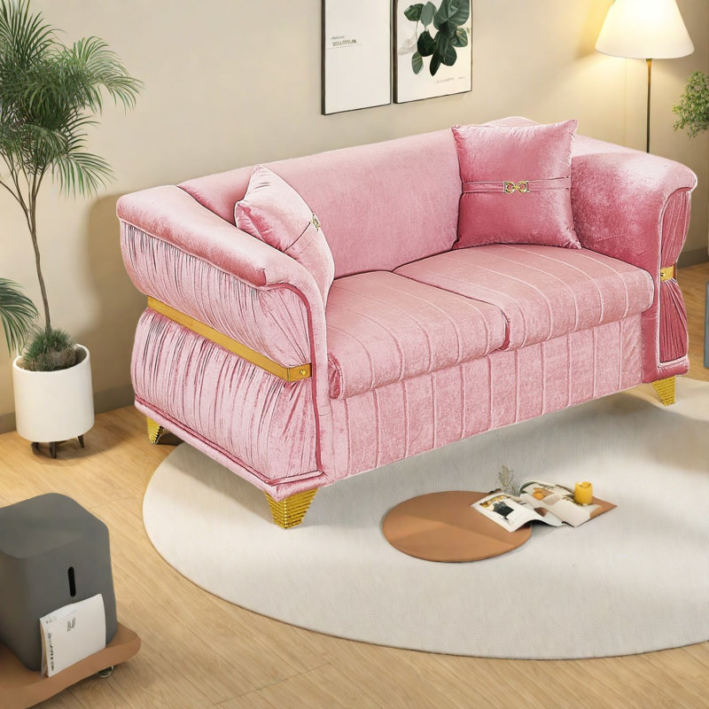 Causeuse Modern Sofas, velours rose 61,8 pouces, garniture en métal doré pour la maison