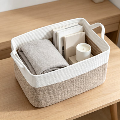 Large Woven Rope Blanket Basket, 65L Rectangle Storage Bin With Handles, Collapsible Laundry Basket For Toys, Clothes, Magazines, And Nursery Organization, Natural Cotton