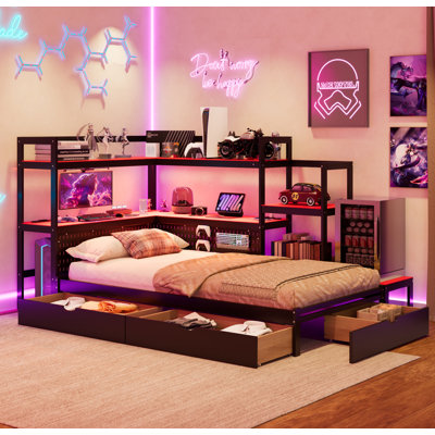 Lit de jour simple pour lit de jeu avec bureau intégré et lumière DEL, base de lit en bois moderne avec 3 tiroirs de rangement et station de charge intégrée, bibliothèque de tête de lit multifonctionnelle, noir et rouge