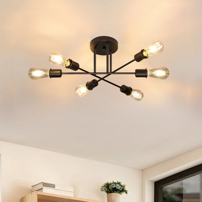 Julienne Retro 6‑Light Sputnik Semi‑Flush Mount Ceiling Light Black Industrial Metal Ceiling Lamp E27 For Kitchen Living Room
