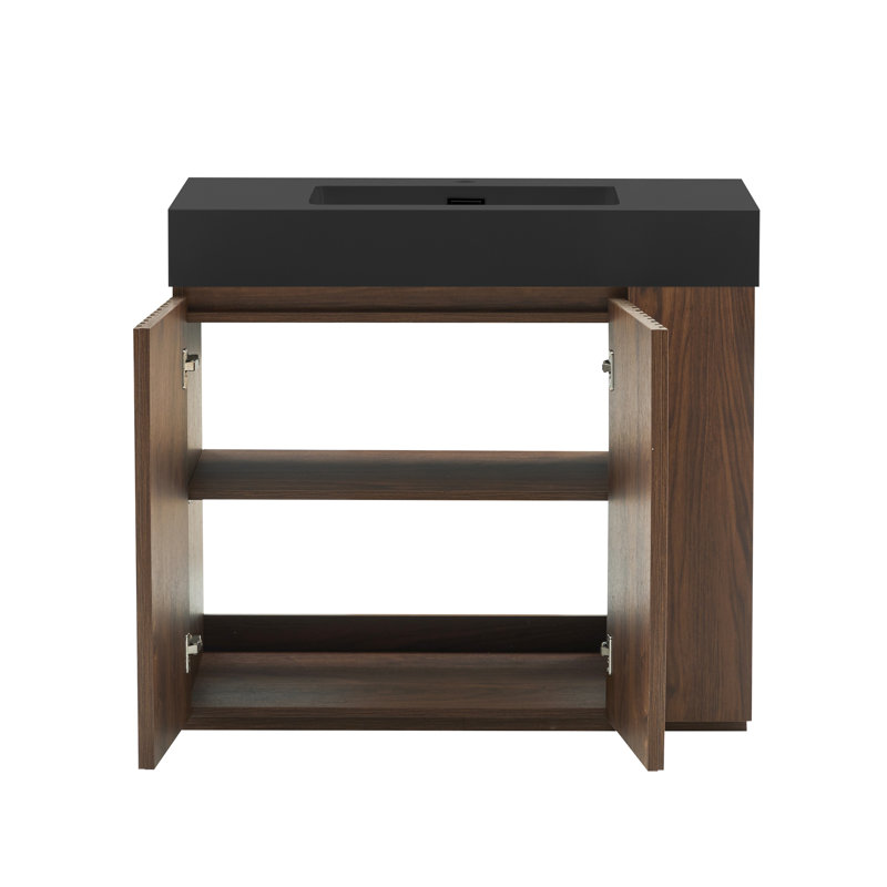 Meuble-lavabo de salle de bain autoportant à une pièce en quartz noir, finition noyer, détail cannelé et rangement intérieur réglable pour une conception en noyer propre, grande, avec tablettes