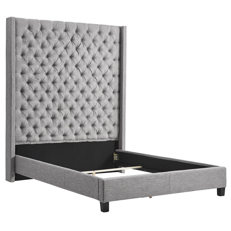 Lit plateforme tapissier Londono, Lin gris étain, Grand
