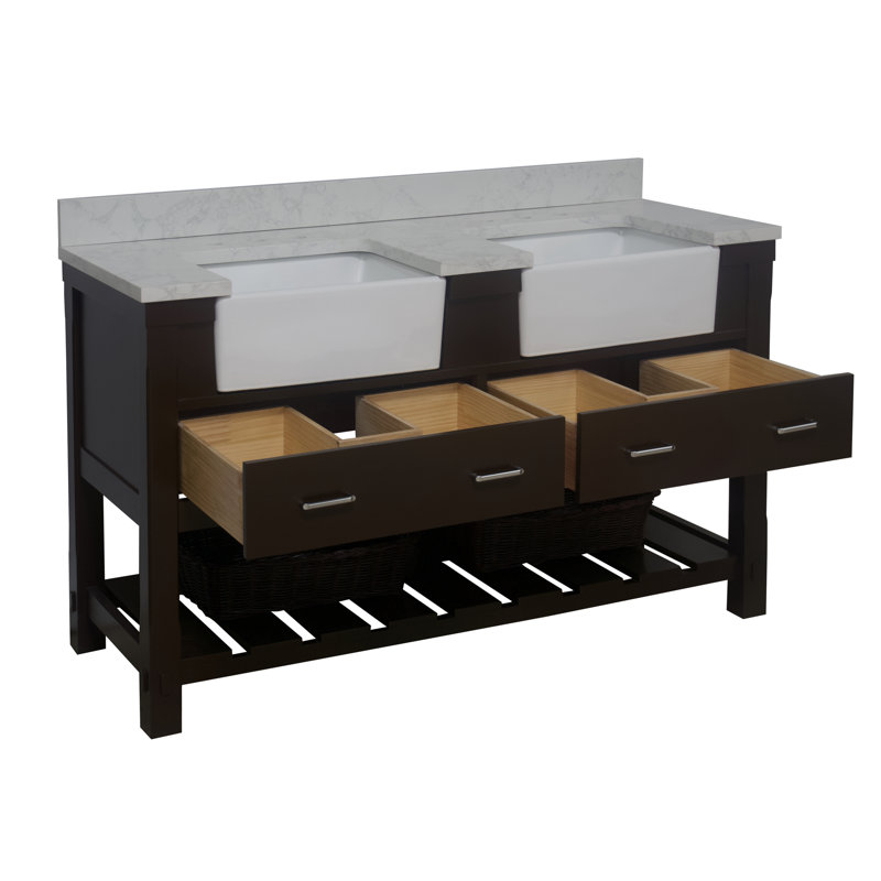 Ensemble de meuble-lavabo double 60 po Hitton, Chocolat, Carrara d'ingénierie