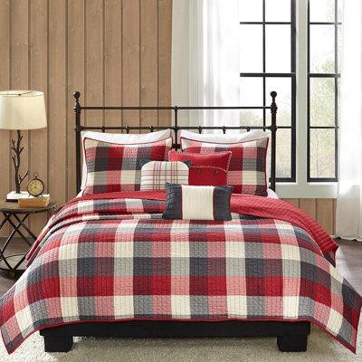 Courtepointe 6 pièces avec tissage à chevrons, rouge, double / grand, carreaux Buffalo, lin lavable à la machine double / grand, motif, taies d'oreiller romantiques