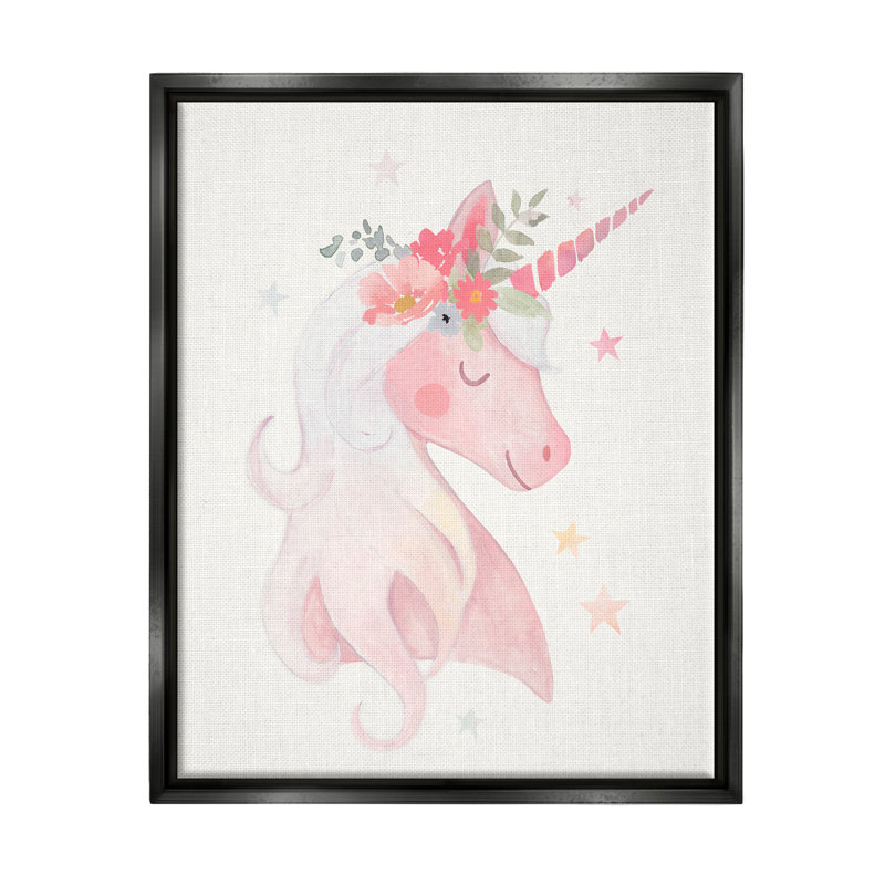 "Pastel, souriant, licorne, fleur rose, couronne de fleurs" par Victoria Barnes - cadre flottant, impression sur toile