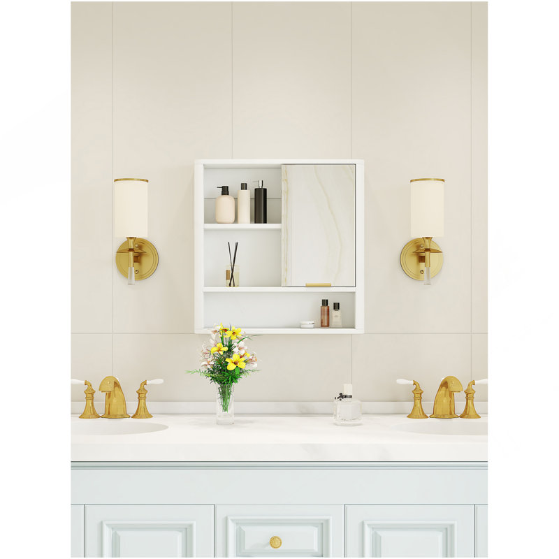 Armoire de salle de bain moderne avec miroir, armoire de rangement murale avec tablettes ouvertes, armoire à pharmacie imperméable avec décor doré, organisateur de meuble-lavabo peu encombrant pour salle de bain, blanc