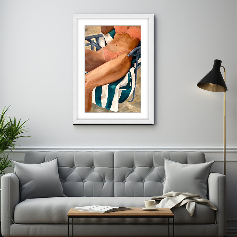 Coastal Retreat Riviera Retreat: Woman Lounging On Beach Towel And Chair, 48" H x 32" W x 1.125" D, Framed Matted Print