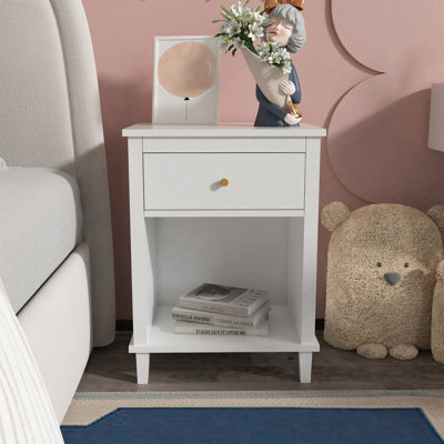 26.77''H Wooden Nightstand With One Drawer One Shelf For Kids, Adults, White Handle