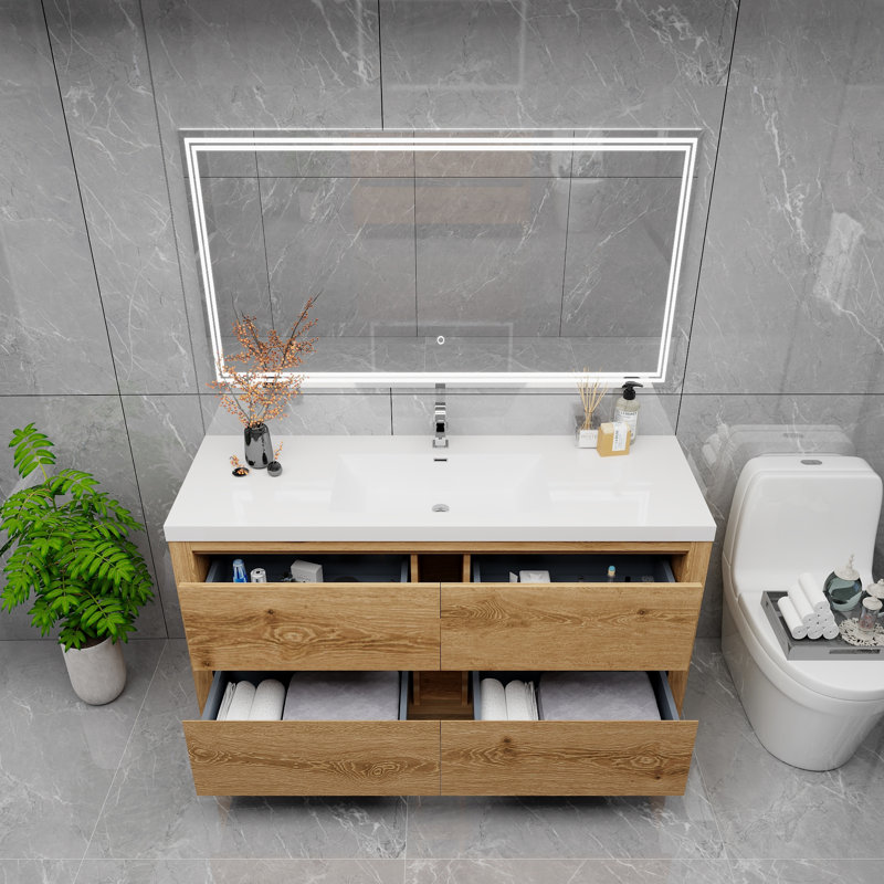 Meuble-lavabo simple 59,06 po avec plateau en acrylique Bethalto, Bois jaune