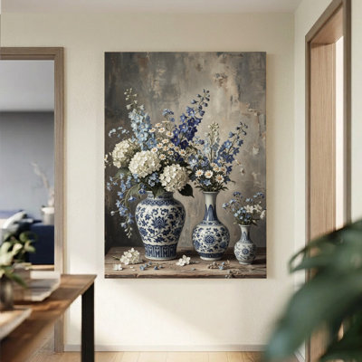 Reproduction d'affiche sur toile encadrée de 1 pièce Les vases en porcelaine bleue et blanche contiennent des arrangements floraux, un art de nature morte. Décoration murale, parfait pour la décoration de salon, chambre, bureau, cuisine, salle de bain, décoration murale idéale