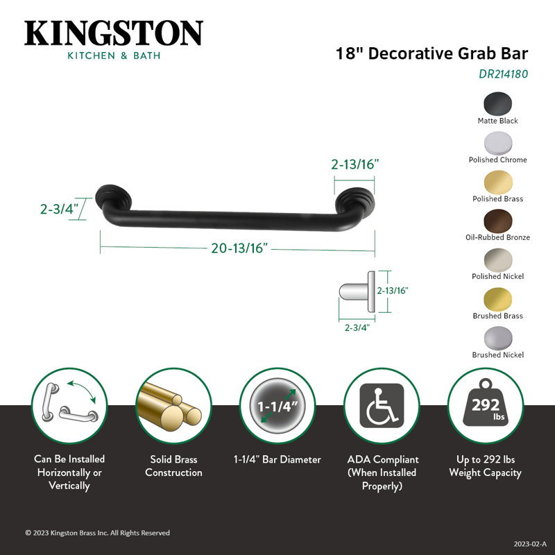Kingston Brass Milano 1-1/4 Inch O.D Grab Bar, 18" W, Satin Brass