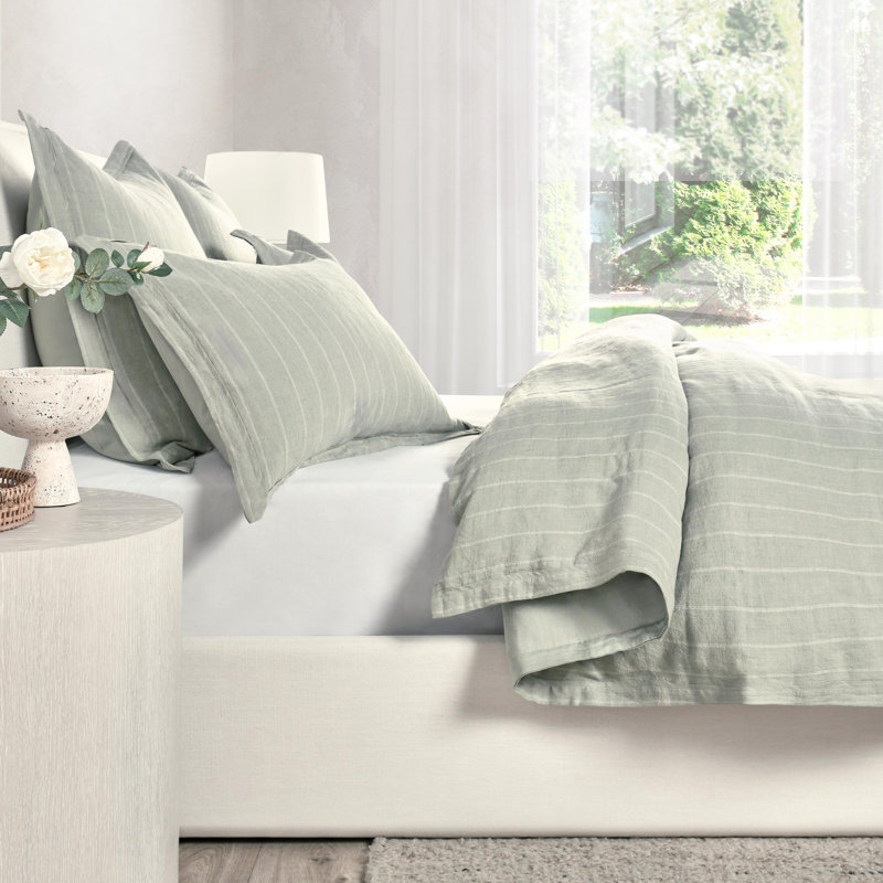 Eberly Striped Linen Duvet Cover, Sage Green, Queen Duvet Cover